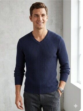 Faconnable Navy Blue Ribbed V-Neck Knit Sweater Men’s Size Medium M